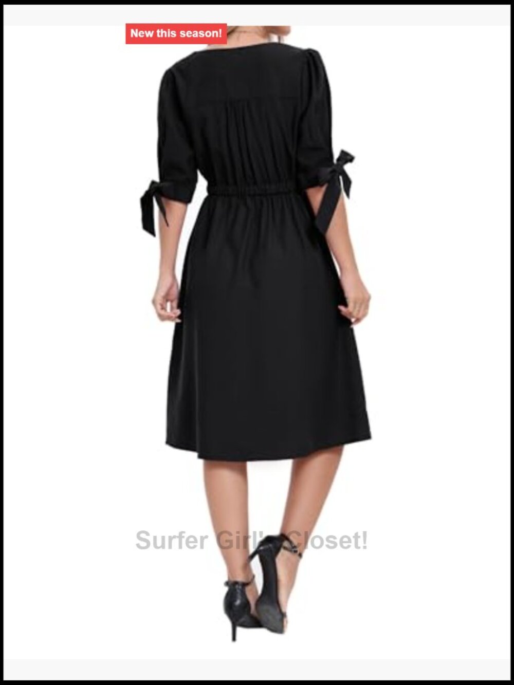 Women's Puff Sleeve V-Neck Button Tie Midi Dress Rayon Blend A-Line - Picture 6 of 7